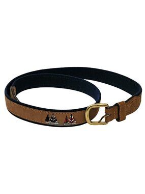 ZEP-PRO Brown Leather Blue Nautical Sailboat Belt Brass Buckle Mens 44